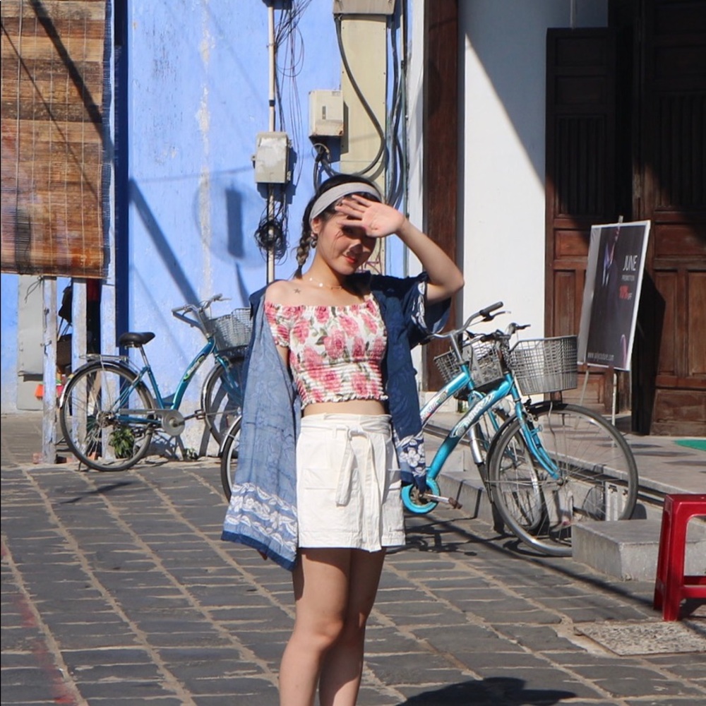 Off-shoulder flowery ruched top